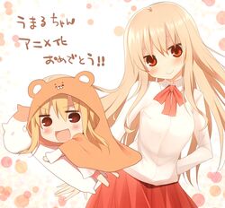  2girls :d animal_costume blonde_hair brown_eyes chibi commentary_request dakimakura_(object) doma_umaru dual_persona hamster_costume himouto!_umaru-chan hood komaru_(himouto!_umaru-chan) kujiran long_hair multiple_girls nekoronbusu open_mouth pillow smile translated v-shaped_eyebrows 