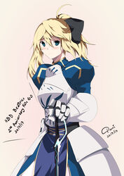  absurdres armor armored_dress artoria_pendragon_(fate) beatrice_waltrud_von_kircheisen blonde_hair breasts commentary_request cosplay dated dies_irae fate/stay_night fate_(series) female gauntlets green_eyes highres medium_breasts pornpojbeatrice saber_(fate) saber_(fate)_(cosplay) shinza_bansho_series solo weapon 