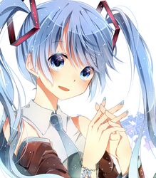  39 bad_id bad_pixiv_id blue_eyes blue_hair bracelet detached_sleeves female hatsune_miku jewelry long_hair nail_polish naoton necktie own_hands_clasped own_hands_together solo twintails vocaloid white_background 