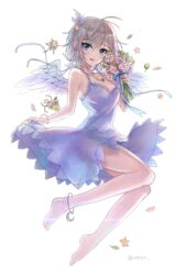  :d anastasia_(idolmaster) angel_wings anklet barefoot blue_eyes commentary_request dress female flower full_body grey_hair hair_ornament idolmaster idolmaster_cinderella_girls jewelry necklace open_mouth seozo short_hair simple_background skirt_hold smile solo star_(symbol) star_hair_ornament white_background wings 