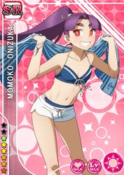  bad_id bad_pixiv_id bikini card_(medium) card_parody love_live! love_live!_school_idol_festival onizuka_momoko original pink_background re:ar red_eyes ryanpei short_shorts shorts smile solo swimsuit towel 