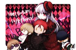  character_doll character_name character_request commentary dress female gothic_lolita hairband happy_birthday hat k-project kushina_anna lolita_fashion long_hair long_sleeves red_dress red_eyes red_hairband red_hat shokill solo white_hair 