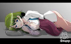  ahoge blue_eyes braid commentary_request female green_hair kantai_collection licking long_hair looking_at_viewer lying mine_(wizard) mole mole_under_mouth no_legwear on_side open_mouth school_uniform solo tongue tongue_out twitter_username very_long_hair yuugumo_(kancolle) 