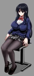  black_eyes black_hair black_pantyhose breasts cardigan commentary_request doll empty_eyes female highres inuyama_kuroe large_breasts loafers long_hair original pantyhose school_uniform shoes sitting skirt solo very_long_hair yaruku 