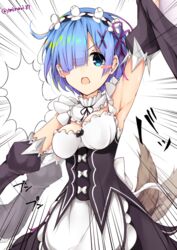  :o afterimage arm_up armpits bad_id bad_nicoseiga_id blue_eyes blue_hair blush_stickers breasts detached_sleeves female frills hair_ornament hair_over_one_eye hairband looking_at_viewer maid maid_headdress medium_breasts minari_(minari37) open_mouth re:zero_kara_hajimeru_isekai_seikatsu rem_(re:zero) ribbon roswaal_mansion_maid_uniform short_hair solo tail twitter_username v-shaped_eyebrows x_hair_ornament 