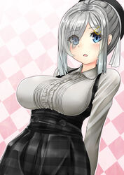  alternate_costume alternate_hairstyle arms_behind_back beret black_dress blouse blue_eyes blush breasts commentary_request dress eyes_visible_through_hair female from_below grey_hair hair_ornament hair_over_one_eye hair_up hairclip hamakaze_(kancolle) hat kantai_collection large_breasts long_sleeves looking_at_viewer meme_attire open_mouth pink_background plaid plaid_background plaid_dress shirt short_hair sin_(kami148) solo underbust upper_body virgin_killer_outfit white_background white_shirt 