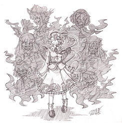  6+girls :d ;) absurdres alice_margatroid commentary_request d: evil_smile folding_fan frilled_skirt frills hand_fan hat hat_ribbon highres horns ibuki_suika kawashiro_nitori komeiji_satori mob_cap monochrome multiple_girls one_eye_closed open_mouth patchouli_knowledge photoshop_(medium) ribbon shameimaru_aya skirt smile sogin subterranean_animism third_eye tokin_hat touhou yakumo_yukari 