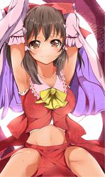  armpits bad_id bad_pixiv_id blush bow breasts brown_eyes brown_hair collarbone detached_sleeves female hair_tubes hairbow hakurei_reimu highres large_breasts long_hair looking_at_viewer midriff navel red_bow smile solo stomach touhou velia 