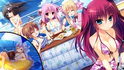  1boy 5girls :3 :d ^_^ amai_ichigo ayashiro_kagari bikini black_hair blonde_hair blue_bikini blue_eyes blush book breast_rest breasts brown_hair can chips_(food) cleavage closed_eyes day dolphin dress drink fishing_rod floral_print food front-tie_top highres hinako_nanami innertube innocent_girl kotatsu large_breasts light_purple_hair long_hair looking_at_viewer midou_konoka midou_rino multiple_girls nanaka_mai ocean one-piece_swimsuit open_mouth otoko_no_ko ousaka_kanae pink_bikini pink_eyes pink_hair pocky potato_chips purple_eyes railing reading red_hair sarong school_swimsuit shirt short_hair sleeveless sleeveless_shirt smile snack striped swim_ring swimsuit table umbrella water white_one-piece_swimsuit yellow_bikini 