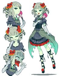  blush bow bow_(paper_mario) bowtie closed_mouth collarbone colored_skin commentary_request constricted_pupils cross-laced_clothes dress drill_hair elbow_gloves eyelashes fangs female folding_fan frilled_dress frilled_sleeves frills gloves green_bow green_bowtie green_eyes green_skin grey_hair hairbow hand_fan hand_up hands_up highres holding holding_fan looking_at_viewer looking_to_the_side madaragi mario_(series) medium_dress multiple_views open_mouth paper_mario paper_mario_64 personification profile purple_bow red_bow shaded_face shadow shoes short_sleeves simple_background smirk teeth tongue tongue_out waist_cape white_background white_gloves 