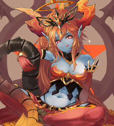  +_+ bare_shoulders belt blue_skin breasts cleavage colored_skin commentary_request demon_girl demon_horns demon_tail female gloves halo hera-ur_(p&amp;d) hera_(p&amp;d) highres horns kumonji_aruto licking_lips long_hair looking_at_viewer medium_breasts midriff navel orange_hair pointy_ears puzzle_&amp;_dragons red_eyes red_gloves sitting skirt solo spikes symbol-shaped_pupils tail tiara tongue tongue_out 