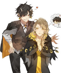  2boys black_capelet black_pants blonde_hair blush brown_vest capelet coat collared_shirt commentary_request earrings female grey_coat grey_ribbon grin heart highres horns jewelry long_sleeves multiple_boys neck_ribbon original pants parted_lips red_eyes ribbon shirt simple_background sleeves_rolled_up smile sweatdrop thought_bubble tsugutoku vest white_background white_shirt yellow_eyes 