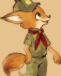  4:5 anthro boy_scout canid canine clothing digital_media_(artwork) disney duo fox fur green_eyes komatsuko_(artist) lolicon low_res male mammal nick_wilde orange_body orange_fur red_fox scout_uniform true_fox uniform young young_anthro zootopia 