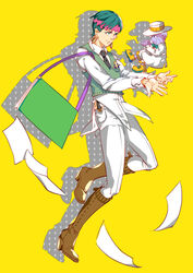  2boys bag balusah boots commentary_request earrings green_eyes green_hair headband heaven&#039;s_door jewelry jojo_no_kimyou_na_bouken kishibe_rohan kishibe_rohan_wa_ugokanai multiple_boys necktie photoshop_(medium) smile stand_(jojo) sweater_vest 