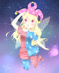  american_flag_dress american_flag_legwear artist_name bad_id bad_pixiv_id blonde_hair blush breasts chestnut_mouth clownpiece fairy_wings female gradient_eyes hand_up hat heart heart-shaped_pupils highres jester_cap long_hair multicolored_eyes pantyhose pink_eyes salute small_breasts solo space striped_clothes striped_pantyhose symbol-shaped_pupils teeth torch touhou very_long_hair wings yuikannon 