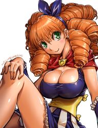  amania_orz big_hair blue_hairband blush breasts capelet cleavage commentary_request dated drill_hair earrings female green_eyes hairband hand_on_own_knee jewelry large_breasts long_hair looking_at_viewer melie orange_hair radiant red_capelet ringlets simple_background smile solo stud_earrings twitter_username white_background 