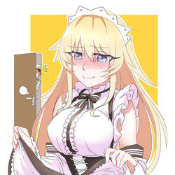  1boy ^^^ admiral_(warship_girls_r) alternate_costume bad_id bad_pixiv_id blonde_hair blue_eyes blush bow breasts clothes_lift corset detached_sleeves enmaided enterprise_(warship_girls_r) female frills full-face_blush jpeg_artifacts large_breasts long_hair lulu_heika maid maid_headdress open_door skirt skirt_lift solo_focus sweat tears walk-in warship_girls_r 