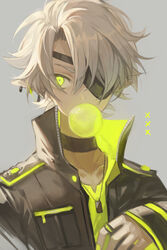  1boy bad_id bad_pixiv_id blonde_hair chewing_gum choker commentary_request earrings eyepatch green_eyes grey_background grey_hair high_collar highres jacket jewelry looking_at_viewer male_focus nail_polish necklace original pointy_ears ring sleeves_past_wrists solo thick_eyebrows tsugutoku upper_body 