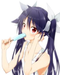  blue_hair commentary_request eating female flat_chest food hair_ribbon long_hair ore_twintail_ni_narimasu popsicle red_eyes ribbon solo tsube_aika twintails white_background white_ribbon yuto_(dialique) 