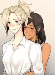  2girls bad_id bad_pixiv_id black_hair blonde_hair blue_eyes blush braid brown_eyes collarbone dark-skinned_female dark_skin eye_of_horus eyebrows facial_mark facial_tattoo gradient_background hair_tubes hug hug_from_behind maybecrosswise mercy_(overwatch) multiple_girls open_mouth overwatch overwatch_1 pharah_(overwatch) ponytail shirt short_hair side_braid sleeveless sleeveless_shirt tattoo upper_body white_shirt yuri 