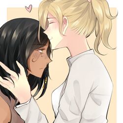  2girls bad_id bad_pixiv_id black_hair blonde_hair blush braid brown_eyes closed_eyes dark-skinned_female dark_skin eye_of_horus eyebrows facial_mark facial_tattoo hair_tubes heart maybecrosswise mercy_(overwatch) multiple_girls overwatch overwatch_1 pharah_(overwatch) ponytail shirt short_hair side_braids sleeveless sleeveless_shirt tattoo upper_body white_shirt yuri 