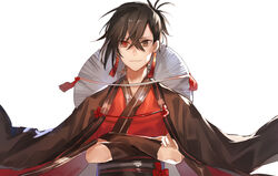  1boy ajirogasa black_gloves brown_cape cape commentary_request crossed_arms fingerless_gloves gloves hat japanese_clothes kimono looking_at_viewer male_focus original red_kimono simple_background smile solo tsugutoku white_background 