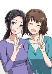  2girls :d ^_^ breasts brown_hair closed_eyes collarbone commentary_request green_eyes idolmaster idolmaster_cinderella_girls kawaty long_hair looking_at_viewer mature_female multiple_girls open_mouth shibuya_rin&#039;s_mother shimamura_uzuki&#039;s_mother short_hair smile v 