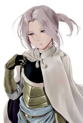  armor arslan arslan_senki blue_eyes breastplate cape commentary_request floating_hair looking_at_viewer parted_bangs ponytail simple_background standing wa_(genryusui) white_background white_cape 