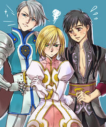  3boys armor black_hair blonde_hair blue_eyes brown_eyes commentary_request cosplay crossdressing crossed_arms dress estellise_sidos_heurassein estellise_sidos_heurassein_(cosplay) eyes_visible_through_hair flying_sweatdrops flynn_scifo flynn_scifo_(cosplay) gloves green_eyes grey_hair highres katsuki_yuuri male_focus marine_(1894271) multiple_boys sparkle squiggle tales_of_(series) tales_of_vesperia viktor_nikiforov white_gloves yuri!!!_on_ice yuri_lowell yuri_lowell_(cosplay) yuri_plisetsky 