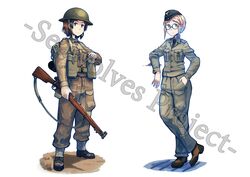  2girls absurdres battle_of_france blonde_hair bolt_action british_army commentary cross dunkirk_(movie) dunkirk_evacuation erica_(naze1940) garrison_cap germany glasses green_eyes gun hand_in_pocket hat highres holding holding_gun holding_weapon iron_cross lee-enfield looking_at_viewer luftwaffe military military_hat military_uniform multiple_girls original rifle simple_background smile standing uniform united_kingdom weapon wehrmacht white_background world_war_ii 