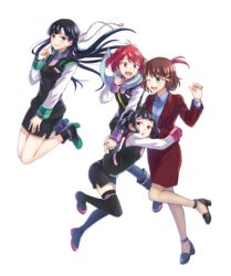  4girls ;d bekkourico black_footwear black_hair black_skirt blue_scarf blue_shirt boots brown_hair commentary_request dress_shirt floating_hair full_body green_eyes index_finger_raised jacket jumping kakumeiki_valvrave leg_up legs_up long_hair long_sleeves looking_at_viewer miniskirt multiple_girls nobi_marie one_eye_closed open_clothes open_jacket open_mouth pencil_skirt ponytail red_eyes red_hair red_jacket red_skirt renboukouji_akira rukino_saki sashinami_shouko scarf shirt short_hair simple_background skirt smile standing standing_on_one_leg thigh_boots thighhighs very_long_hair white_background white_shirt 