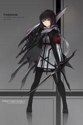  artist_name bad_id bad_pixiv_id black_hair copyright_name cross dual_wielding english_text female highres holding long_hair pantyhose paradise_(swd3e2) photoshop_(medium) pixiv_fantasia pixiv_fantasia_t red_eyes scarf solo swd3e2 sword weapon 