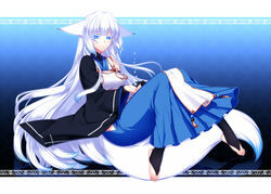  animal_ears barefoot blue_eyes blue_hakama bridal_legwear commentary_request feet female fox_ears fox_tail hakama hakama_skirt highres hip_vent japanese_clothes jewelry konshin long_hair orie_mishiro pixiv_fantasia pixiv_fantasia_fallen_kings skirt solo tail toe_ring toeless_legwear white_hair 