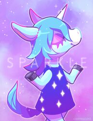  animal_crossing anthro better_version_at_source blue_hair cinamoncune closed_eyes clothing digital_media_(artwork) equid equine femboy hair horn julian_(animal_crossing) male mammal mythological_creature mythological_equine mythology nintendo smile solo sparkles text unicorn 