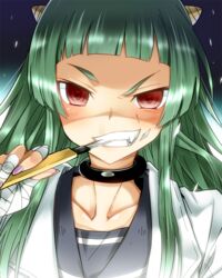  bandages biting boxcutter choker commentary_request female green_hair horns kami_nomi_zo_shiru_sekai knife_in_mouth long_hair lune_(kaminomi) red_eyes school_uniform serafuku smile solo yuto_(dialique) 