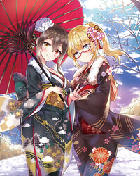  2girls alternate_hairstyle as_val_(fireworks_of_dreams)_(girls&#039;_frontline) as_val_(girls&#039;_frontline) bare_tree black_kimono blonde_hair blue_eyes blue_sky blush breasts brown_hair closed_mouth cloud commentary_request day floral_print flower fur_collar furisode girls&#039;_frontline glasses grey_kimono hair_between_eyes hair_flower hair_ornament head_tilt heterochromia highres holding holding_umbrella japanese_clothes kanzashi kimono long_hair long_sleeves looking_at_viewer m1014_(girls&#039;_frontline) m1014_(snow_moon_and_flowers)_(girls&#039;_frontline) medium_breasts melings_(aot2846) multiple_girls obi official_alternate_costume oil-paper_umbrella outdoors pink_flower ponytail print_kimono red-framed_eyewear red_eyes red_flower sash semi-rimless_eyewear side-by-side sidelocks sky smile snow standing tassel tree umbrella w white_flower wide_sleeves winter yellow_eyes 