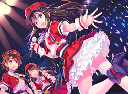  3girls :d ^_^ brown_eyes brown_hair closed_eyes commentary_request dekitate_evo!_revo!_generation!_(idolmaster) double_v glowstick green_eyes hat honda_mio idol idolmaster idolmaster_cinderella_girls long_hair looking_at_viewer microphone multiple_girls new_generations_(idolmaster) nishimura_eri one_side_up open_mouth outstretched_hand peaked_cap photoshop_(medium) shibuya_rin shimamura_uzuki short_hair smile v 