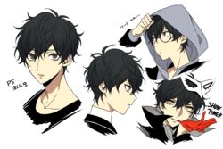  1boy amamiya_ren biting black_hair commentary_request expressionless glasses glove_biting gloves grey_eyes hood hood_up male_focus mask mask_on_head multiple_views no_eyewear persona persona_5 red_gloves shivue smile translated yellow_eyes 