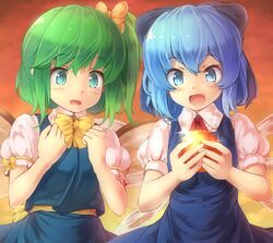  2girls blue_eyes blue_hair blush bow cirno clenched_hands commentary_request daiyousei dragon_ball dragon_ball_(object) fairy_wings green_eyes green_hair hairbow highres komimiyako multiple_girls oerba_yun_fang open_mouth ribbon short_hair side_ponytail smile touhou wings 