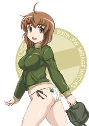  505th_joint_fighter_wing_(emblem) ahoge ass back-print_panties bag brown_eyes brown_hair commentary cowboy_shot english_text female from_side green_jacket green_panties highres holding inufusa_yuno jacket long_sleeves looking_at_viewer open_mouth panties print_panties satchel short_hair side-tie_panties smile solo standing underwear wan&#039;yan_aguda world_witches_series zipper 