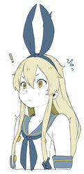  ! blonde_hair blush_stickers collarbone commentary_request elbow_gloves female gloves green_eyes hair_ribbon kantai_collection limited_palette long_hair nabana_(bnnbnn) ribbon sailor_collar shimakaze_(kancolle) shirt sidelocks simple_background sleeveless sleeveless_shirt solo upper_body white_background 