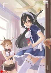  2girls alternate_costume apron bare_shoulders black_hair blush breasts brown_hair caught commentary_request doorway embarrassed enmaided garter_straps gloves hair_ornament hairband headgear highres kantai_collection long_hair maid maid_headdress majicjiang medium_breasts midriff multiple_girls mutsu_(kancolle) nagato_(kancolle) navel open_mouth photoshop_(medium) pov_doorway recording red_eyes ribbon ribbon-trimmed_legwear ribbon_trim short_hair skirt smile thighhighs viewfinder 