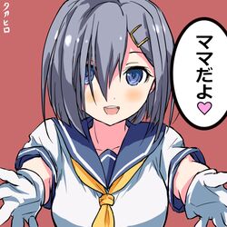  artist_name blue_eyes blush breasts commentary_request female gloves grey_sailor_collar hair_ornament hairclip hamakaze_(kancolle) kantai_collection large_breasts looking_at_viewer neckerchief sailor_collar short_hair simple_background solo takahiro_(rikky) translated yellow_neckerchief 