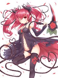  ;) babydoll breasts commentary_request demon_girl demon_horns fang_out female flower highres horns long_hair miimu_(nelreg3) oerba_yun_fang one_eye_closed original panties red_eyes red_hair rose scar scythe small_breasts smile solo thighhighs thorns two_side_up underwear whip 