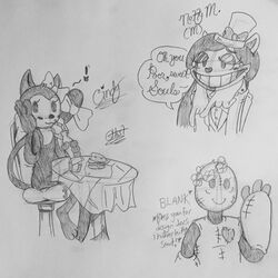  animatronic anthro beverage blank_(fnac) bow_(disambiguation) bow_tie burger cindy_(fnac) clothing dialogue domestic_cat english_text exclamation_point felid feline felis female five_nights_at_candy&#039;s flower food furniture ghost_(artist) grin group hat headgear headwear heart_symbol hi_res machine mammal plant retro robot scribblenetty_(character) smile soda speech_bubble table text toony traditional_media_(artwork) 