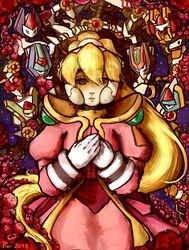  10s 2018 artist_request blonde_hair blue_eyes capcom ciel_(rockman) coat cowboy_shot dated female flower gloves hands_together high_collar high_ponytail inti_creates long_coat model_f model_h model_l model_p model_x model_z pink_coat ponytail red_flower rockman_zero rockman_zx solo_focus very_long_hair white_gloves\r\nrockman 