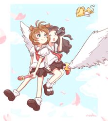  2girls artist_name black_skirt blue_sky brown_hair camcorder cardcaptor_sakura commentary commission daidouji_tomoyo english_commentary flying friedbun full_body green_eyes holding kero_(cardcaptor_sakura) kinomoto_sakura looking_to_the_side mary_janes monster multiple_girls multiple_riders object_riding petals riding school_uniform serafuku shirt shoes short_hair short_sleeves sidesaddle skirt sky smile socks tomoeda_elementary_school_uniform video_camera white_legwear white_shirt white_wings wings 