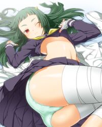  ass bandages choker commentary_request female green_hair green_panties horns kami_nomi_zo_shiru_sekai long_hair looking_at_viewer lune_(kaminomi) lying on_back one_eye_closed panties red_eyes school_uniform serafuku solo stomach twisted_torso underwear yuto_(dialique) 