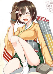  ;o blush breasts brown_eyes brown_hair commentary_request female flight_deck gloves hiryuu_(kancolle) japanese_clothes kantai_collection long_sleeves medium_breasts one_eye_closed one_side_up open_mouth partially_fingerless_gloves photoshop_(medium) ribbon short_hair single_glove sitting skirt solo sorano_(12gou) tabi wide_sleeves yugake 