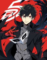  1boy amamiya_ren black_hair coat commentary_request gloves highres male_focus mask persona persona_5 red_background red_eyes red_gloves shivue smile solo torn_clothes unworn_mask 